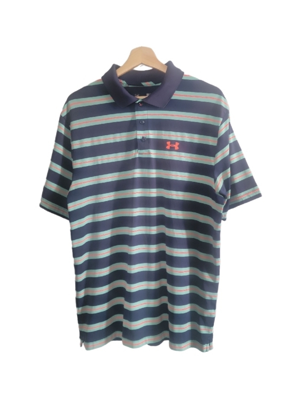 🎈UNDER ARMOUR Size L Navy Polo with Mint and Coral Stripe Accents
